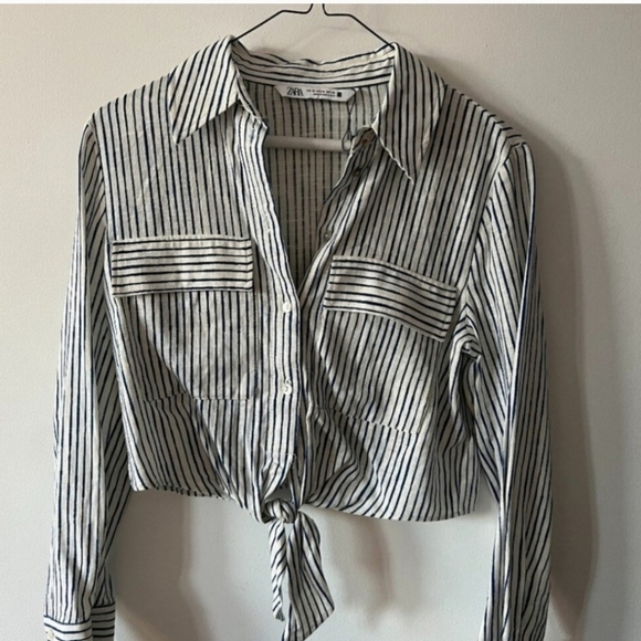 Zara Women's Striped Button Front Tie Long Sleeve Top Size XS - Picture 2 of 5